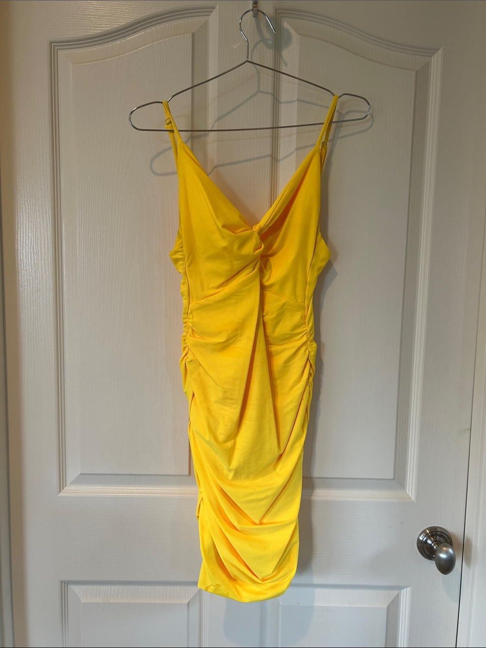 Tiger Mist Bright Yellow Ruched Twist Front Mini Dress